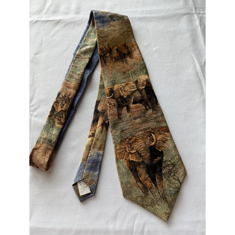 Elephant Charge Silk Necktie Simon Combes‎ Wildlife Art USA Made